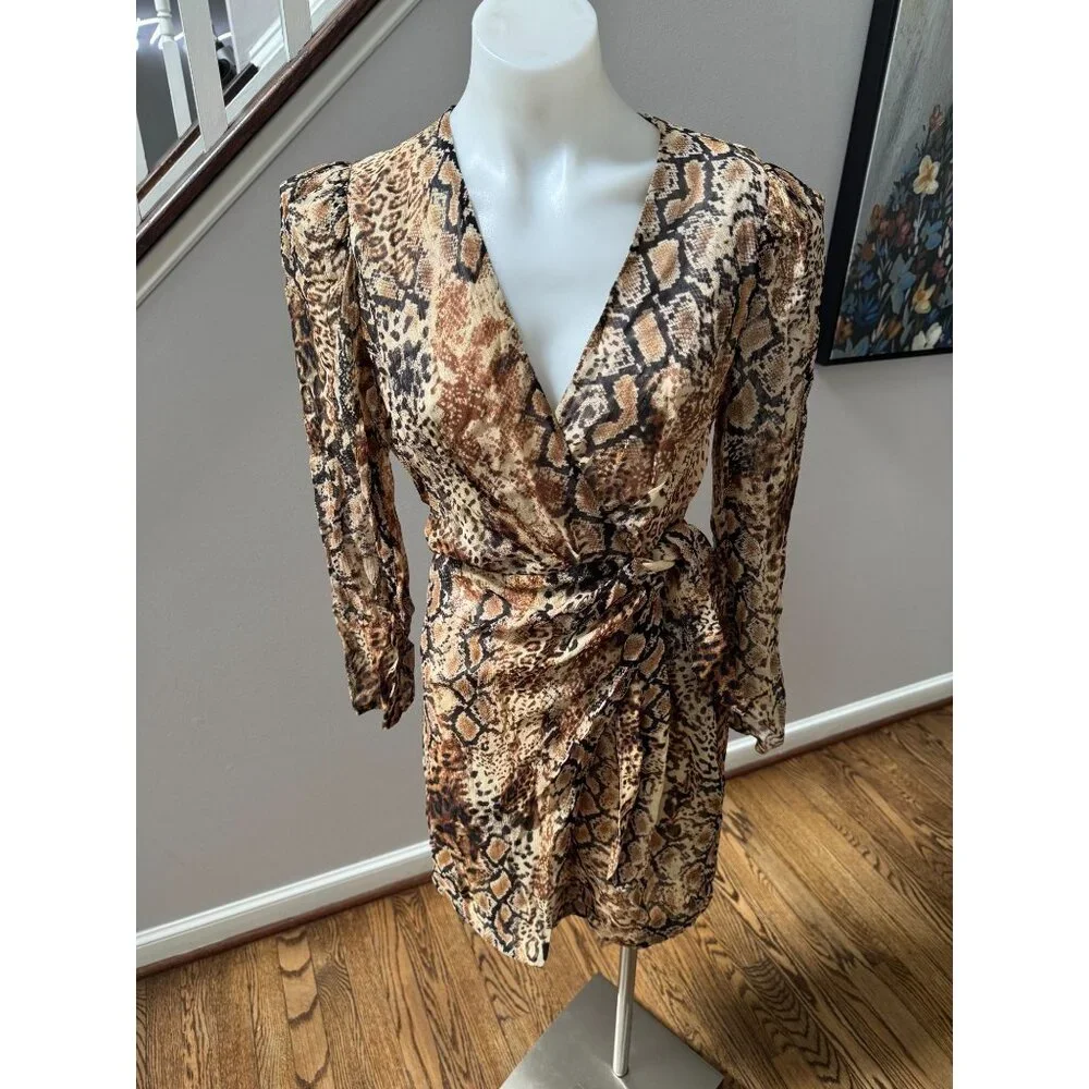 NWT BA&SH Robe Roxy Snake Print Wrap Long Sleeve Mini Dress Size 1 Small - Picture 2 of 5